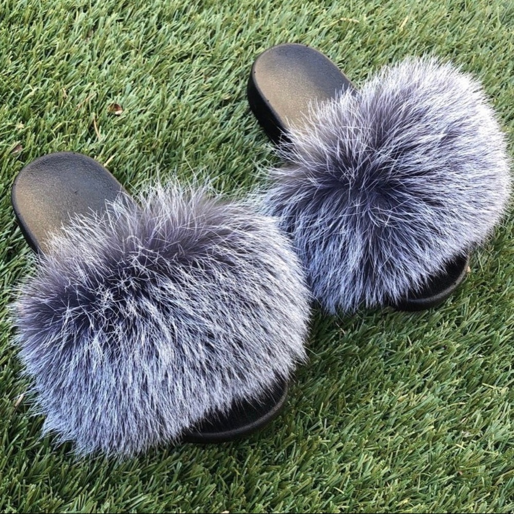 Gray Ombre Real Fox Fur Slides Size 38